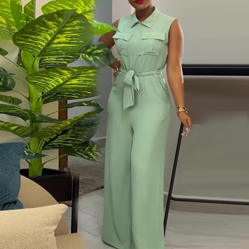 Shirt Tops Jumpsuits Waist Trimming Loose Trend Lapel Pocket Jumpsuits Women Summer Rompers Wide Leg Pants Sleeveless Jumpsuit