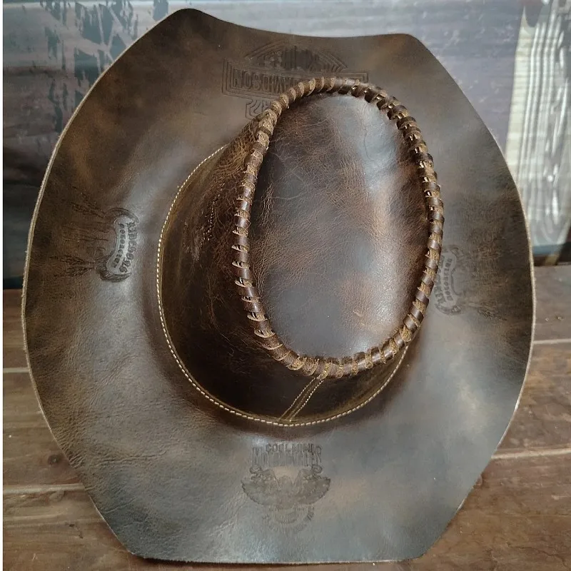 Rustic style vegetable-tanned leather hat heavy hand-painted cowhide casual and versatile printed pattern for men