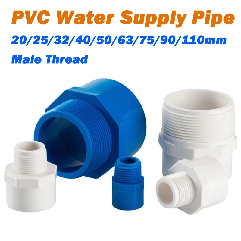 

1Pcs PVC Water Supply Pipe 20/25/32/40/50/63/75/90/110mm Male Thread Socket Coupling Straight Connector Fittings Adapter Joint
