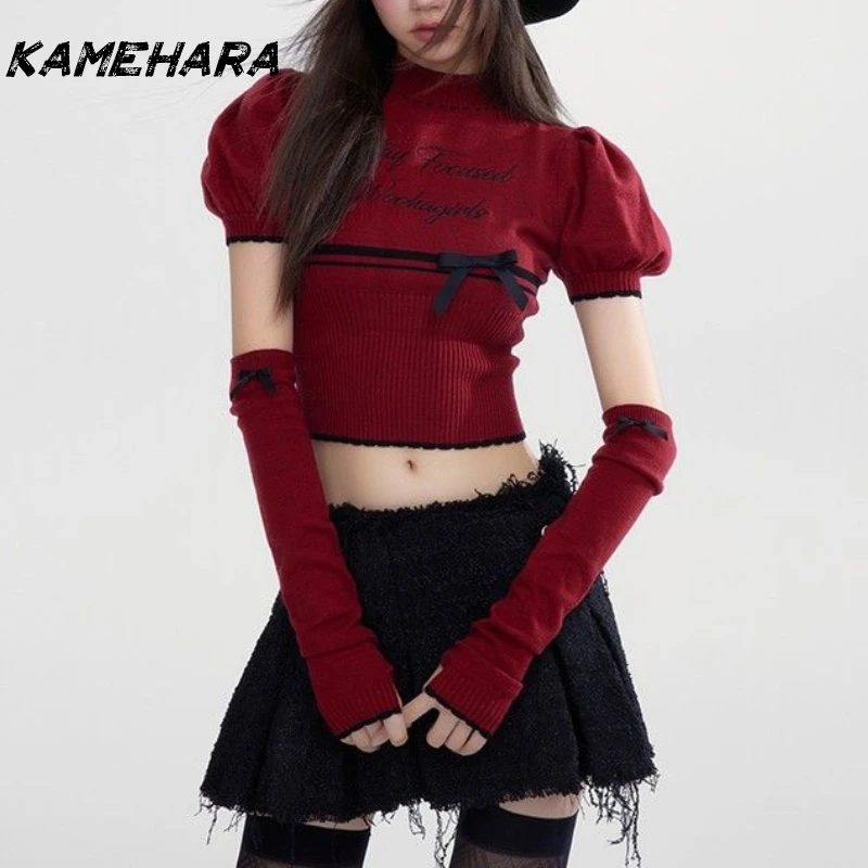 

KAMEHARA Y2k Sweet Bow Half High Neck Bubble Sleeve Knitted Sweaters Spring Summer Red Short Sleeved Slimming Pullovers Свитер