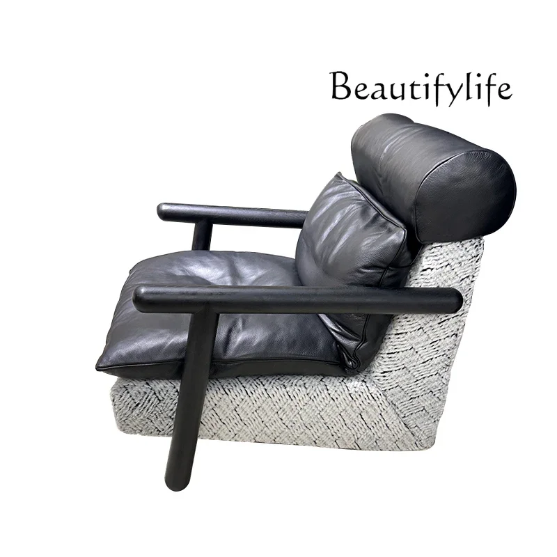 S Living Room Full Leather Single Leisure Chair Smoked Solid Wood Foot Design High-end Down Sofa Chair Lazy Sofa