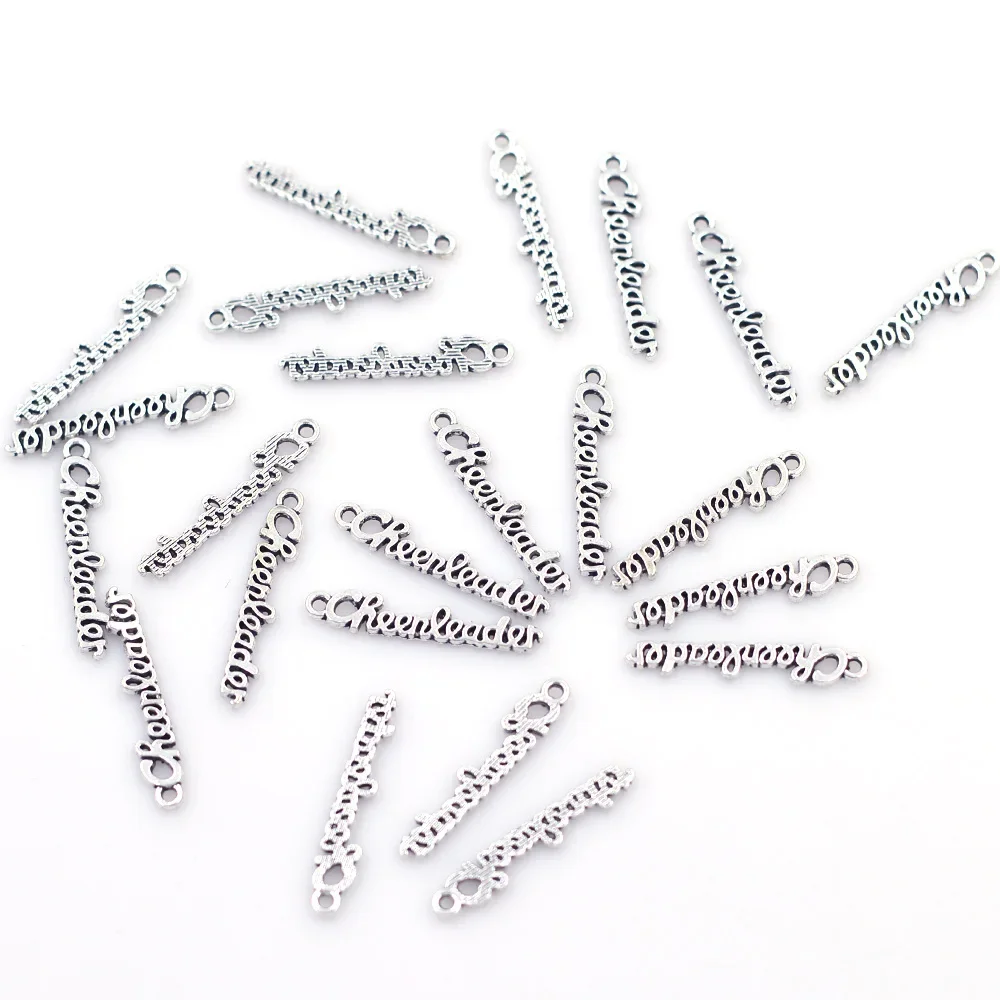 150Pcs Pendants Letters Cheerleader Carved Hollow Silver Tone For Charm Bracelets Jewelry DIY Findings 27x5mm