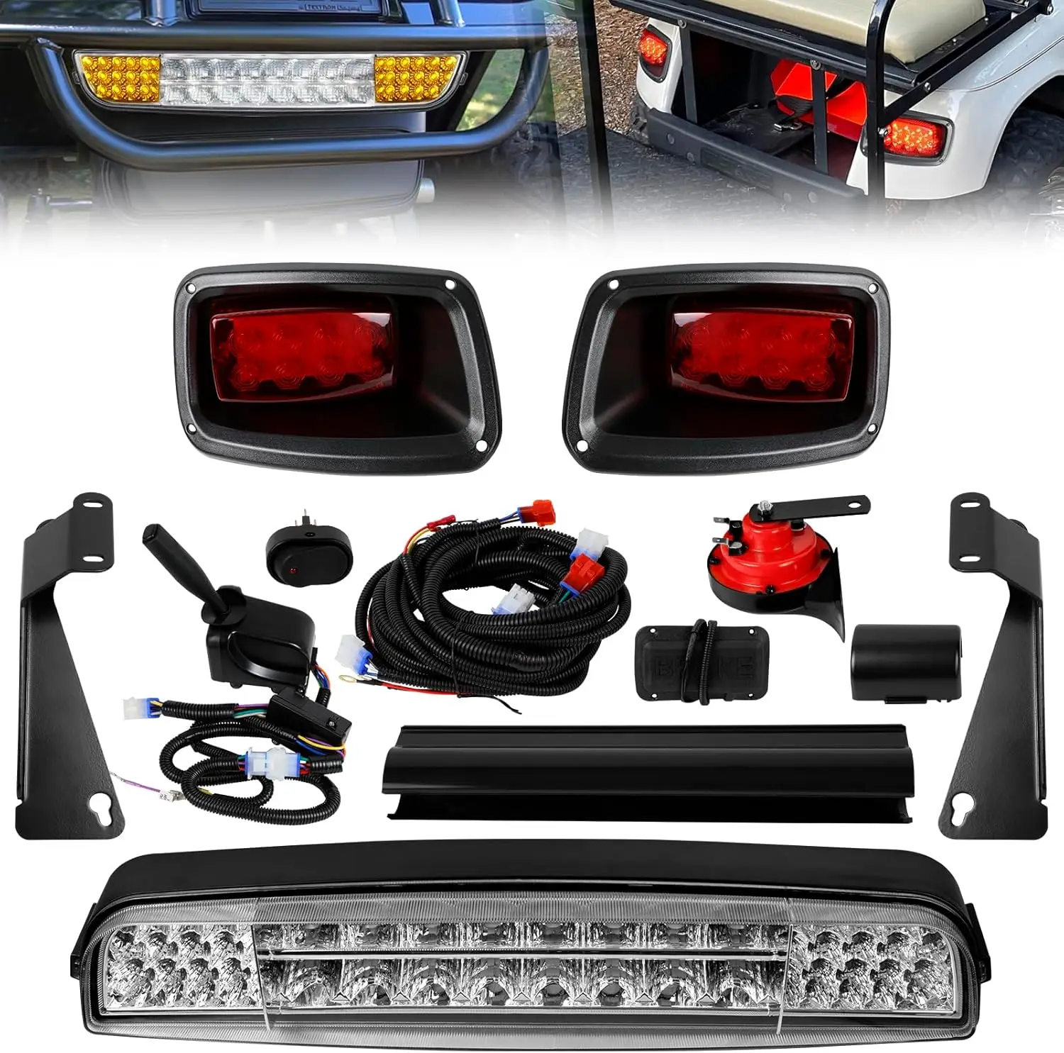 

For 1996-2013 E-Z-GO TXT Golf Cart LED Headlight Bar Kit Tail Light Assembly with Wiring Harness Switch with Turn Signal & Horn