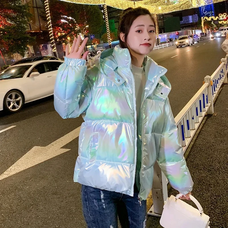 2023 New Winter Women Short Parkas Jackets Casual Female Thicken Warm Windprood Shiny Bright Bread Hooded Winter Jacket Coat