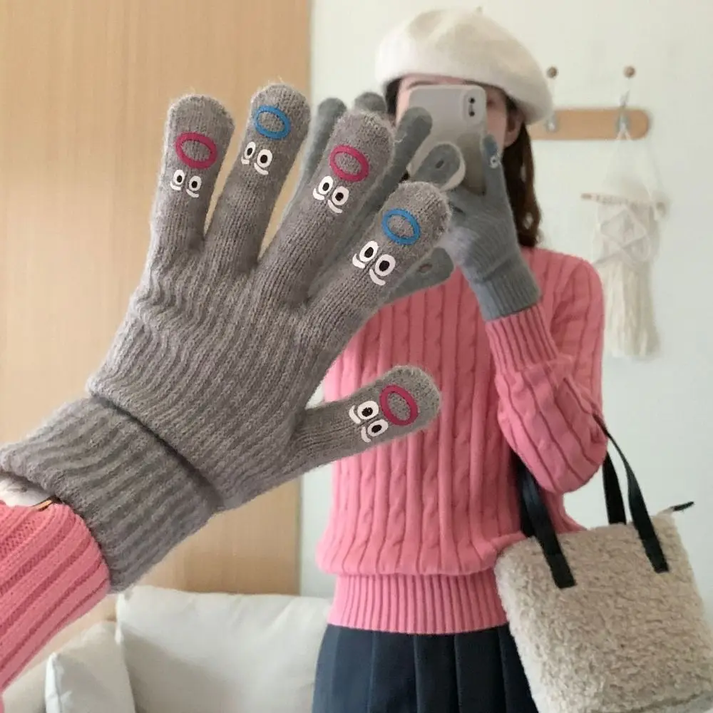 

Kawaii Cartoon Emoticon Gloves Woolen Windproof Knitted Gloves Korean Style Stretch Full Finger Gloves Outdoor