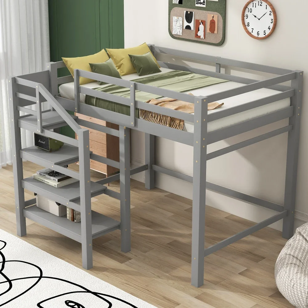 

Full Size Loft Bed with Built-in Storage Staircase and Hanger Clothes,White Bed for Boys Bunk Beds for Kids Kids Bed Twin Beds