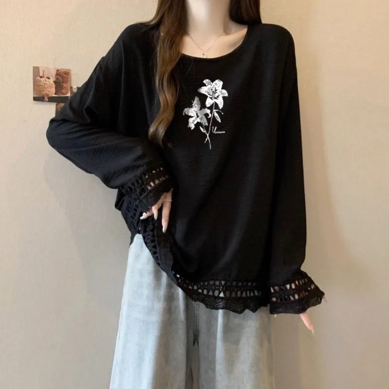 Women Plus Size Floral Print Crew Neck Long Sleeve Top Autumn Winter Lace Patchwork Loose Casual Blouse S 6XL view 5