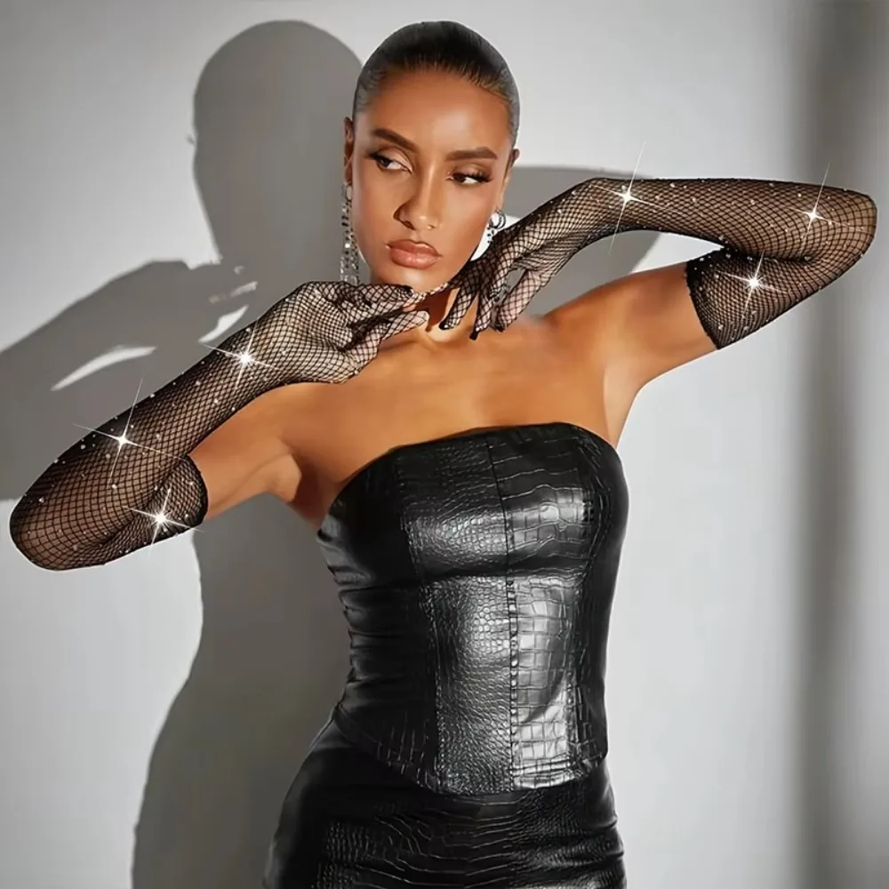 New Mesh Long Mittens Glitter Rhinestone Party Dress Fishnet Gloves Dance Costume Punk Hip Hop Performance Gloves Sexy