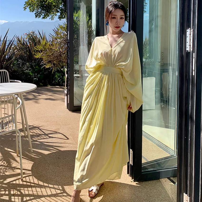 JSXDHK Fashion Design Summer Boho Holiday Style Dress Chic Women V Neck Batwing Sleeve Yellow Backless Sexy Beach Long Vestidos