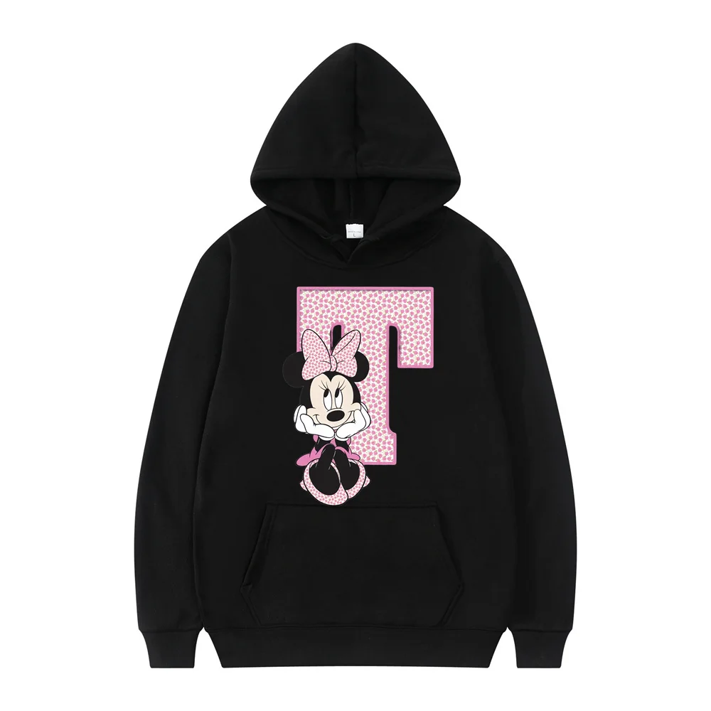 Black Cartoon Hoodies Disney Letter A B C D Sweatshirts Girls Clothes Kawaii Pullover Anime Cartoons Woman and Men Casual Tops