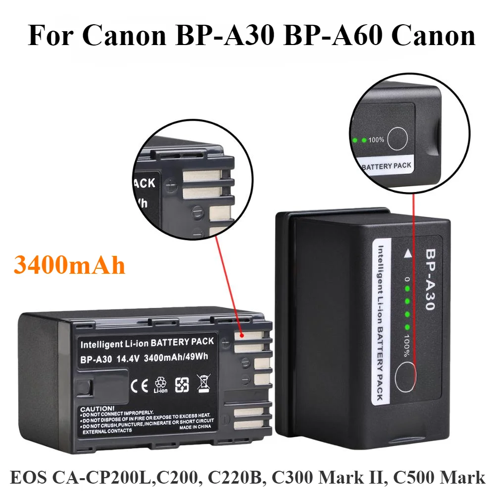 

For Canon BP-A30 BP-A60 Canon EOS CA-CP200L,C200, C220B, C300 Mark II, C500 Mark II 3400mAh BP-A30 BP A30 BPA30 Battery