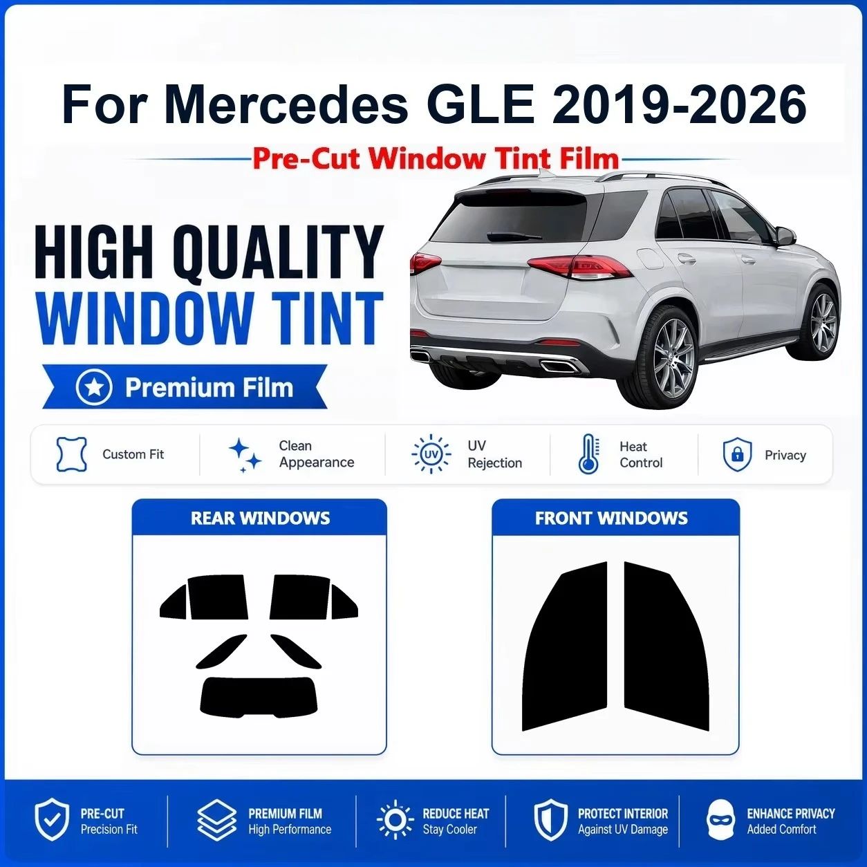 High Performance Pre-Cut Window Tint For Mercedes GLE 2019-2026, Tailored Front Rear Windows for Reliable Heat & UV Protection
