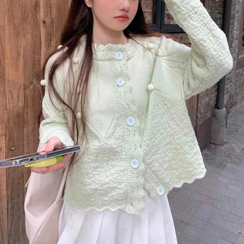 

Gentle Lace Loose Knitted Cardigan Female Clothing Solid Color Spring Autumn Stylish Hook Flower Hollow Sweet Korean Sweaters