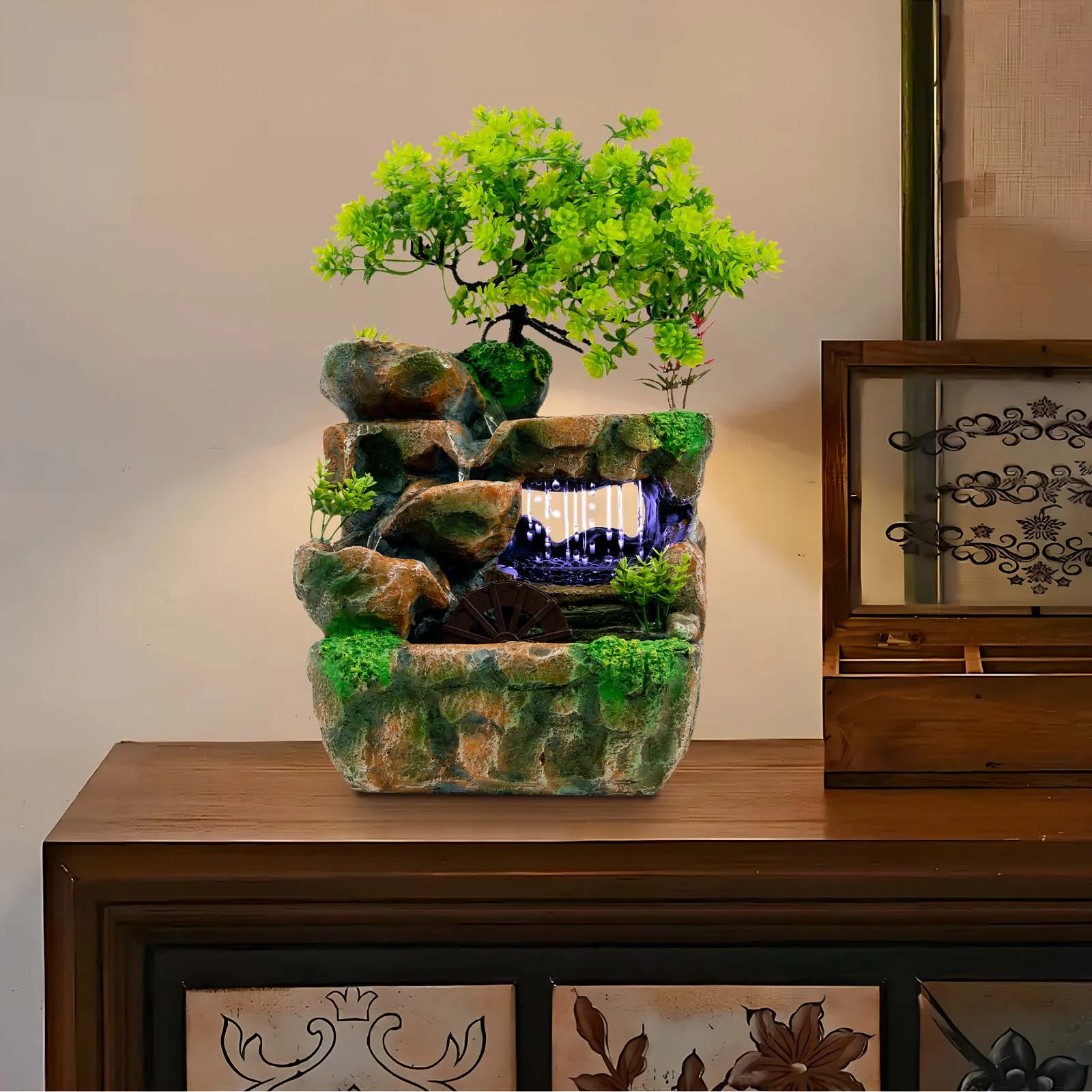 

Настольный фонтан с натуральным ландшафтом, декоративное украшение из смолы ручной работы, атмосферный светильник с текущей водой и LED-подсветкой