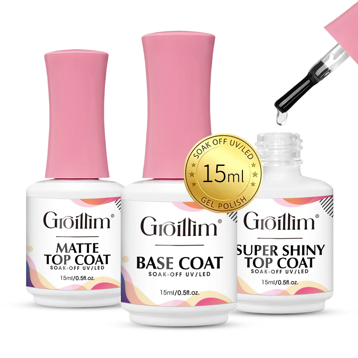 

Groillim 15ml reinforced base coat + super gloss top coat + matte top coat. Strong hold, clear gloss, gel gloss, cures automatic