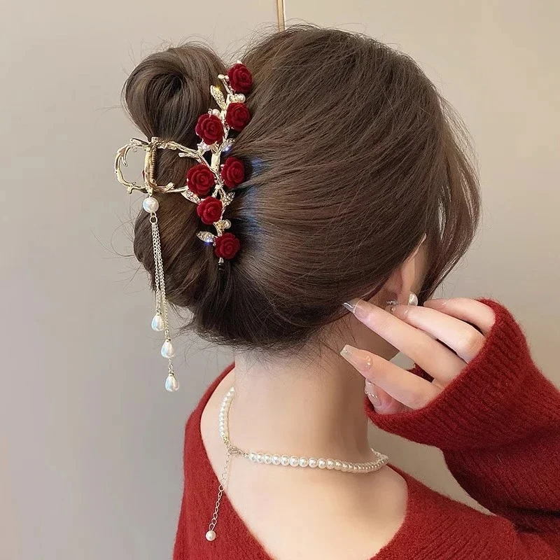 

Elegant Rose Tassel Hair Claws for Women Girls Sweet Versatile Shark Clip Party Hair Accessories Gifts Hair Accessories