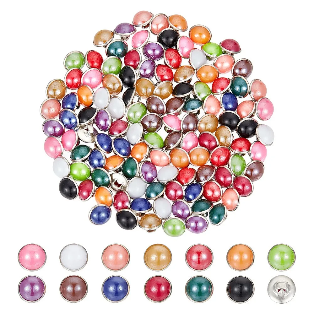

130Pcs 13 Colors 1-Hole Resin Imitation Pearls Shank Buttons with Brass Findings Half Round Mixed Color 10x8mm Hole: 2x3mm