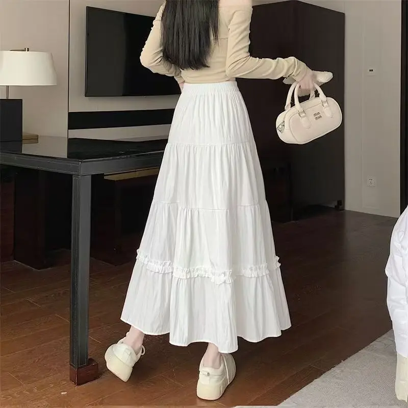 White A-Line Midi Skirt Cute Fluffy Women's Skirt Cake Skirt High Waist Bounce Back Slimming Pleated Umbrella Skirt