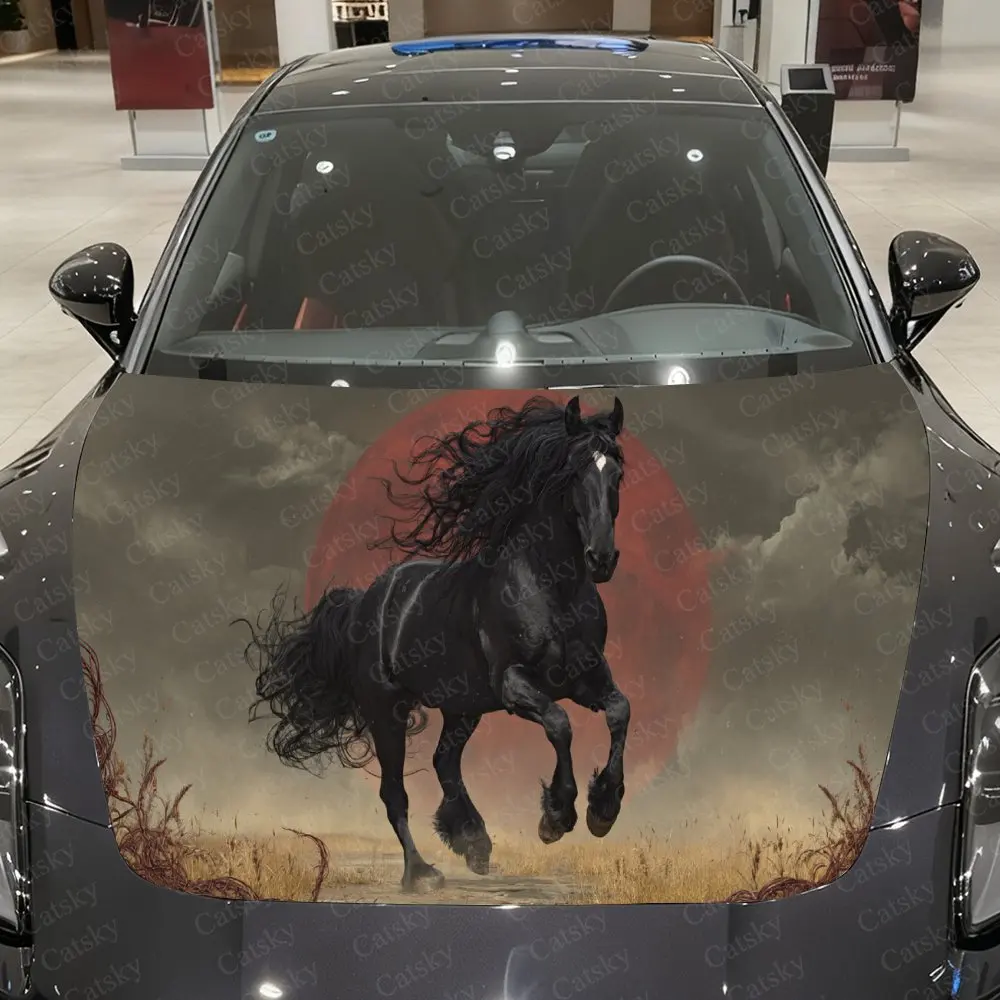 Vintage Pattern Prairie Black Horse Car Vinyl Wrap, PVC Waterproof Car Hood Sticker, Self-Adhesive Scratch-Resistant Stickers