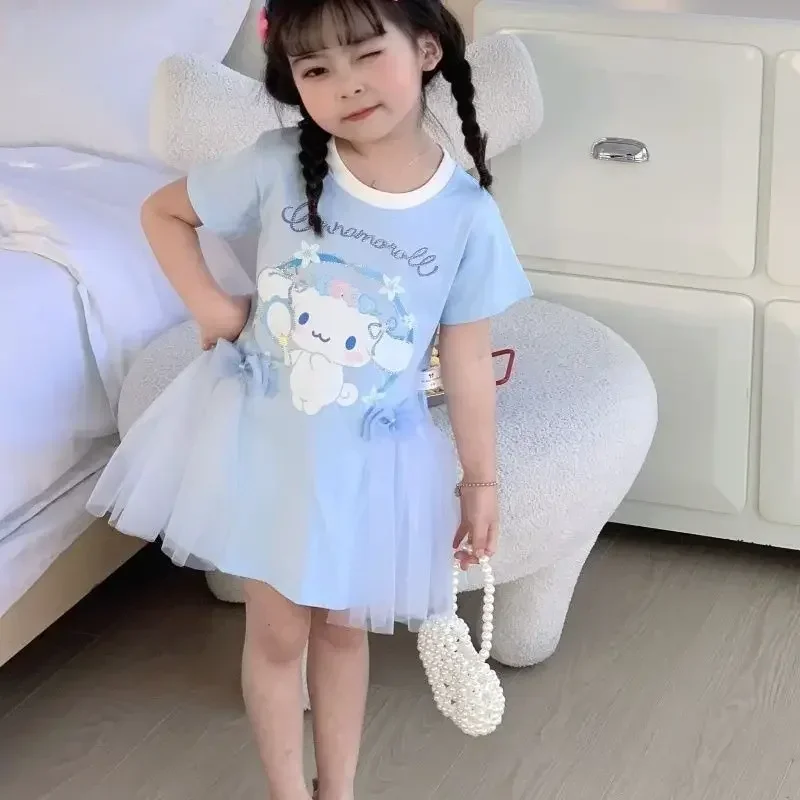 

Sanrio T-shirt dress summer cute cartoon hello kitty girl kuromi short sleeve hot diamond princess skirt children