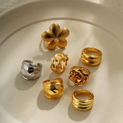 Vintage Stainless Steel Flower Weave Geometric Ring for Women Gold Plated Polished Finger Rings Statement Jewelry Luxury Gifts