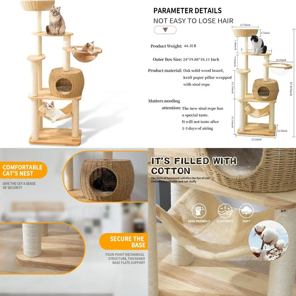 

Large Oak Wood Cat Tower with Sisal Scratching Posts for Indoor Cats and Multiple Levels