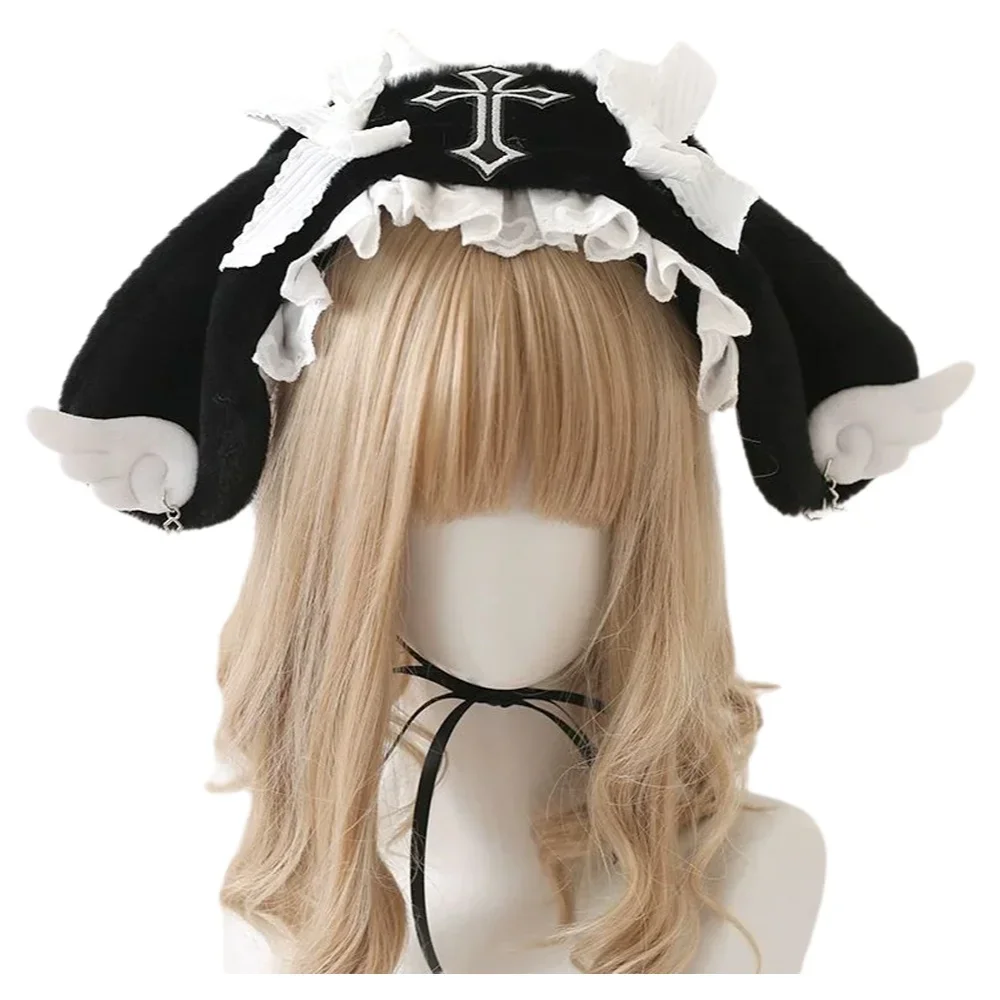 

Повязка для волос с кроличьими ушками, милый плюшевый головной убор с крыльями ангела, головной убор Лолиты