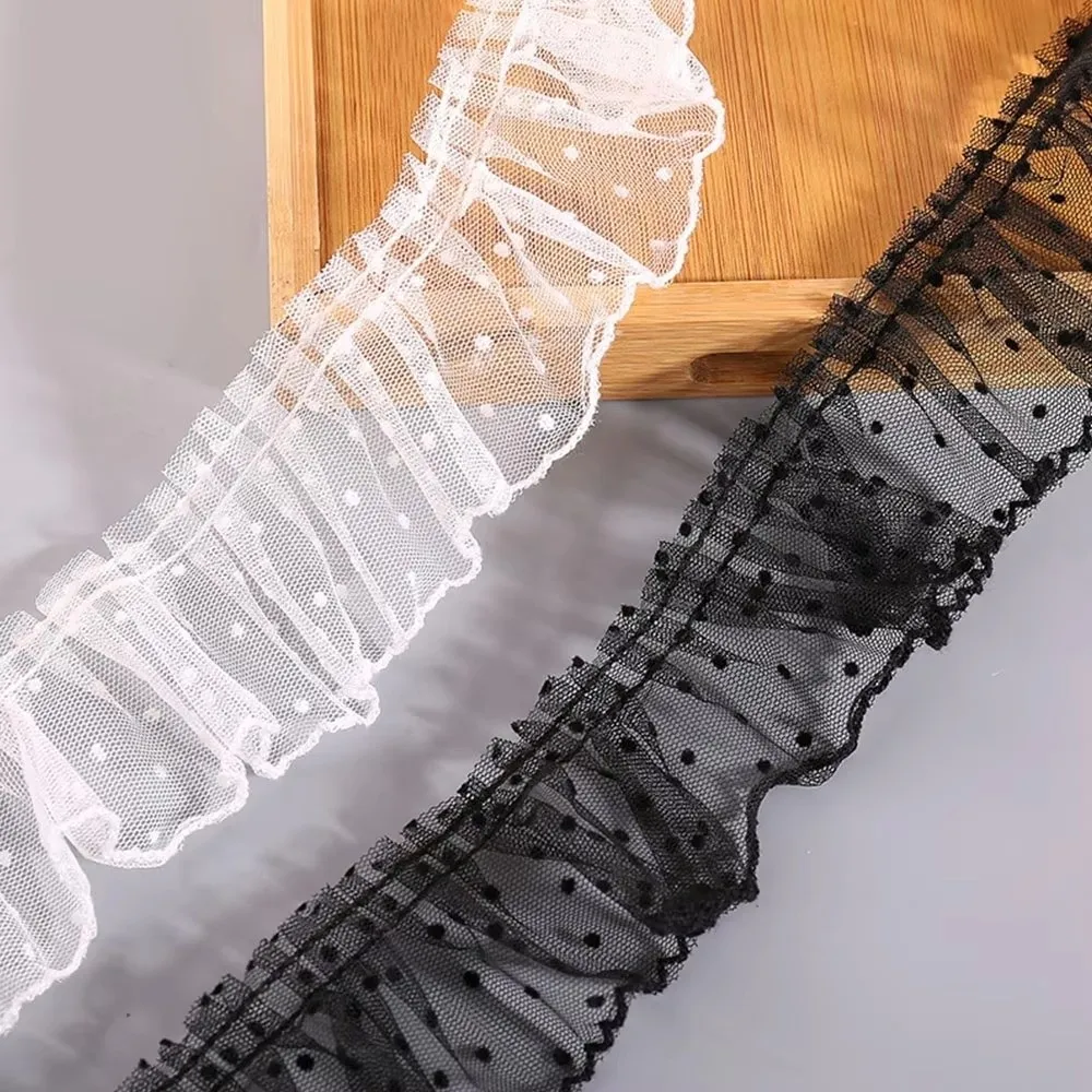 Retro Black/White Mesh Lace Trim Vintage Elegant Polka Dot Mesh Ribbon DIY Tulle Pleated Lace Trim Dress Accessories