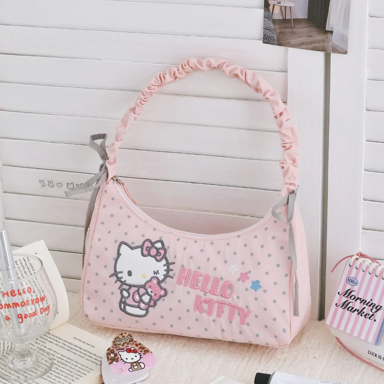 Hello Kitty Embroidery Pattern Polka Dot Pink Zipper Underarm Bag Grey Bowknot Shoulder Bag Commute To Work Cute Festival Gifts