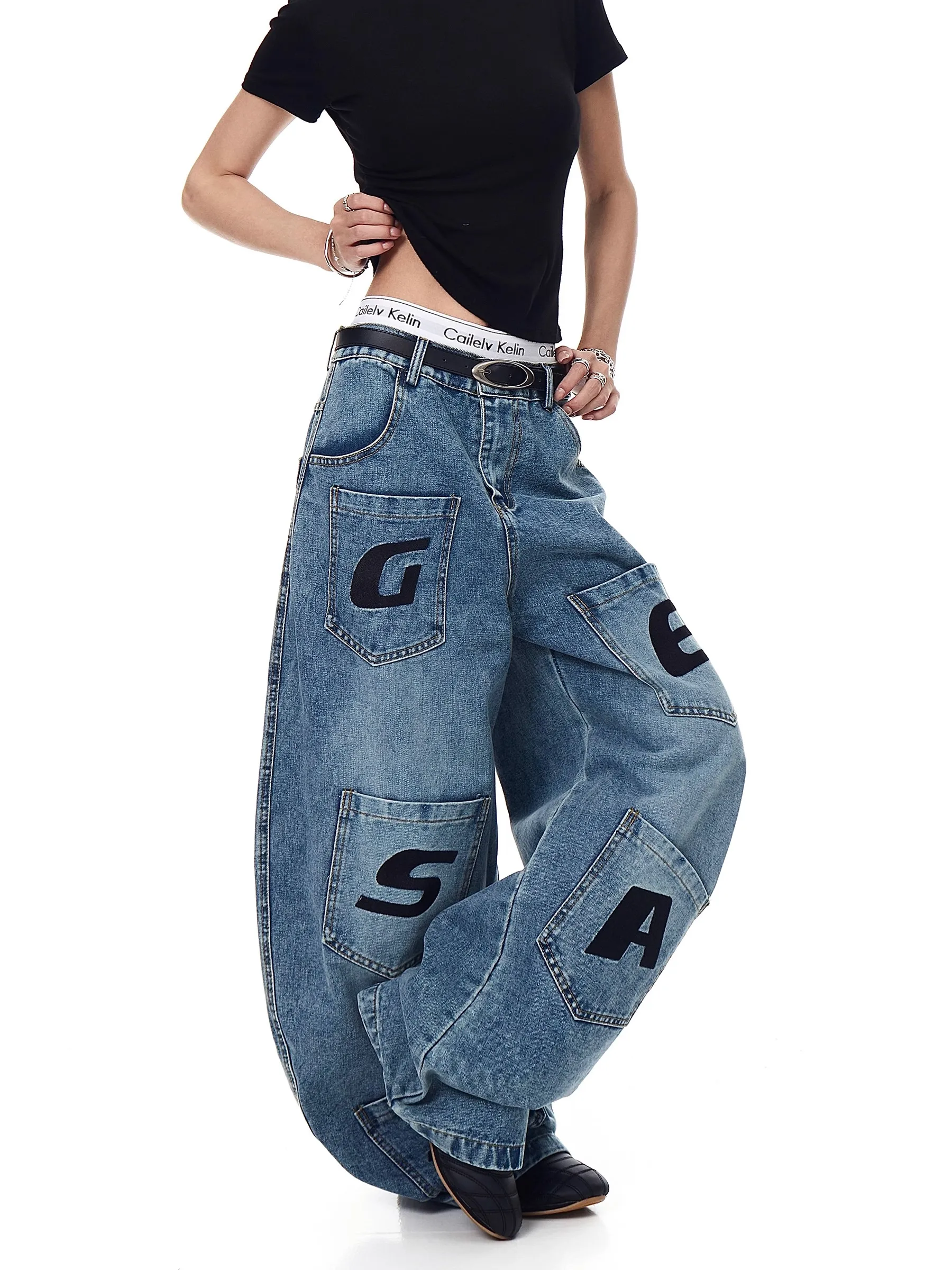 Y2K Pantalones vaqueros con letras estampadas Ropa de trabajo retro americana Pantalones con cuchillo curvo de pierna ancha sueltos con múltiples bolsillos