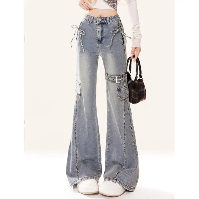 

Hot 2026 Spring Autumn New Women Wear Bow Micro Horn Jeans Retro Style Spicy Girl Fashion Versatile Show Thin High Waist Jeans