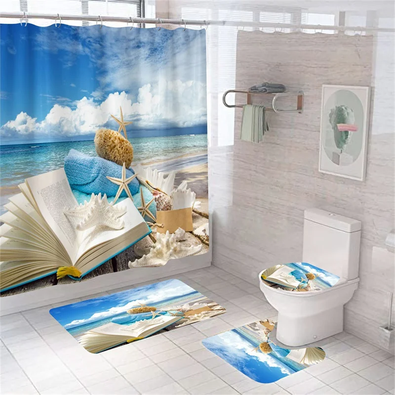 Print Shell Starfish Shower Curtains Ocean Beach New Bath Mat Set Waterproof Bath Curtain Polyester Anti-slip Carpet Toilet Rugs