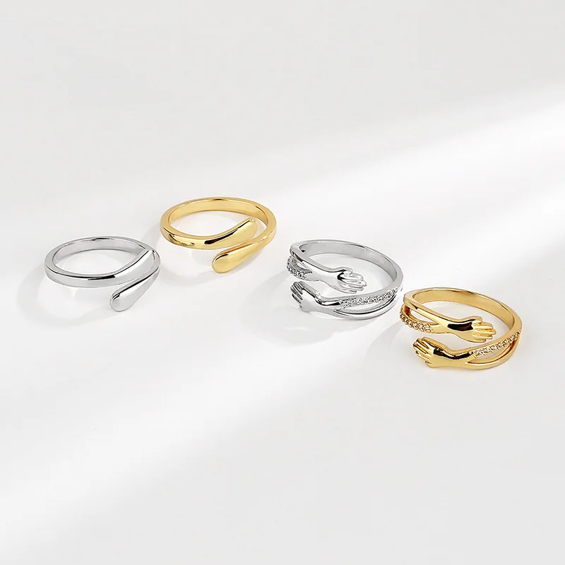 Zircon Hug Rings For Women Stainless Steel Geometric Hug Couple Adjustable Ring Wedding Christmas Aesthetic Jewelry Gift anillos