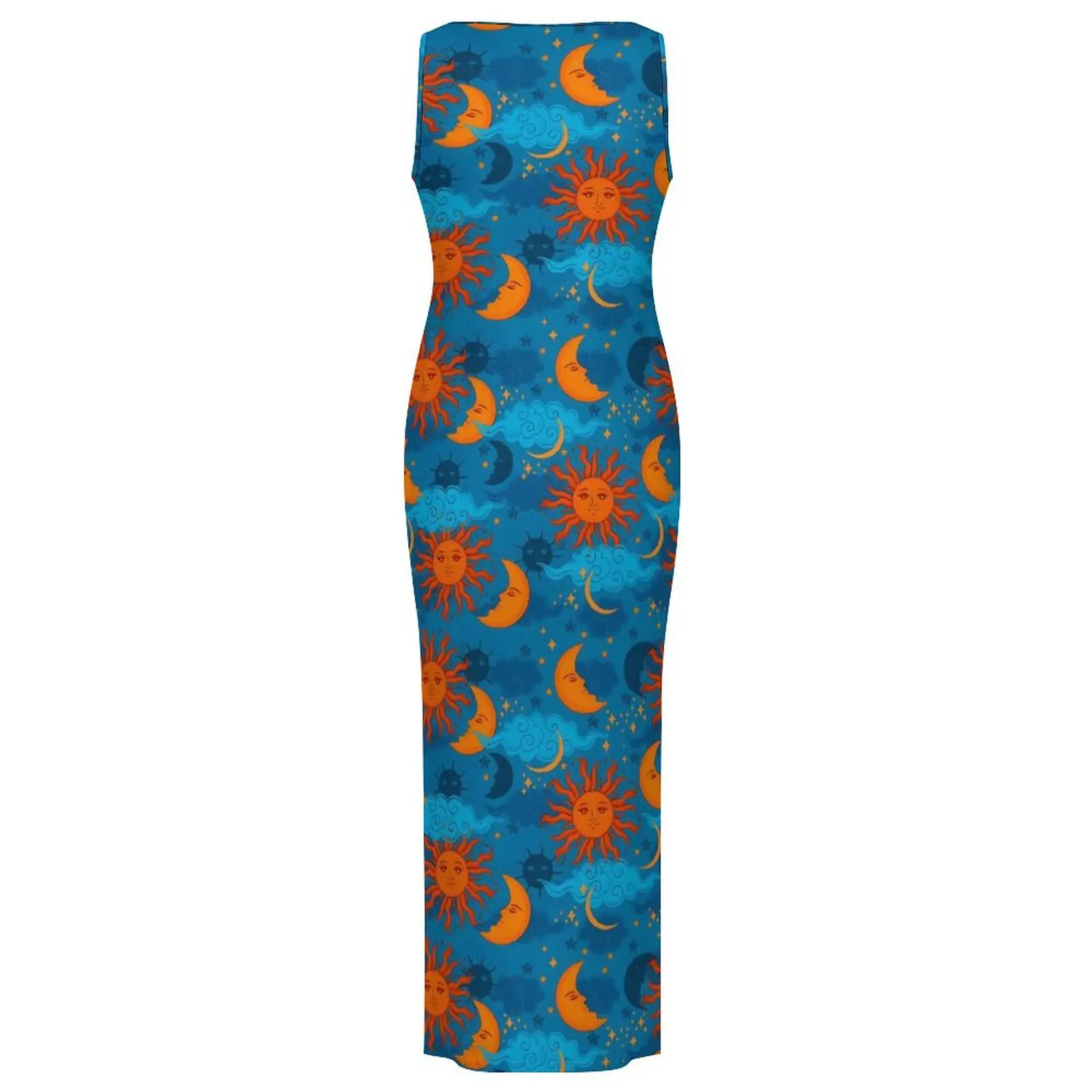 Womens Stars Sun Moon Dress Night Sky Print Streetwear Bodycon Dress Summer Sleeveless Cute Maxi Dresses Oversized Vestido