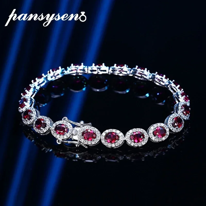 

PANSYSEN Vintage 925 Sterling Silver Oval Cut Ruby High Carbon Diamonds Gemstone Charm Bracelet Bangle Fine Jewelry Wholesale