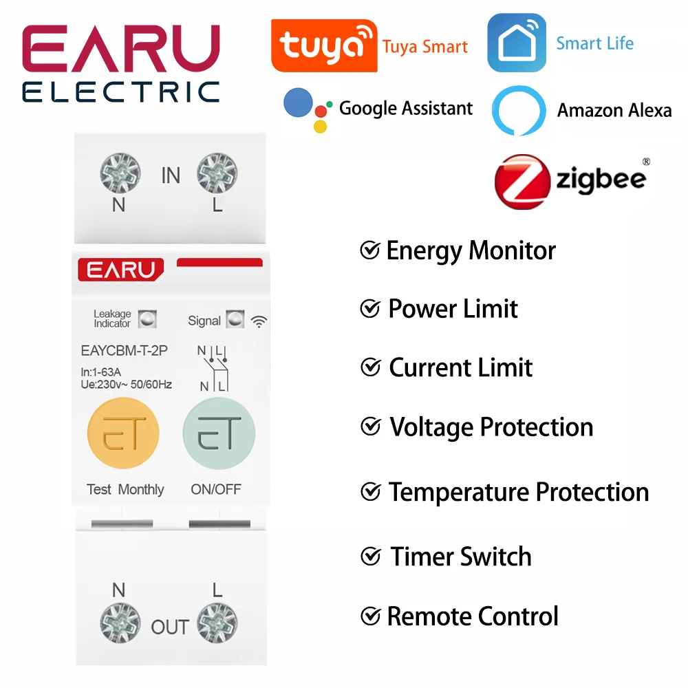 2P TUYA APP Zigbee WIFI Smart Energy Power Consumption kWh Meter Circuit Breaker Time Relay Switch Leakage Voltage Protection