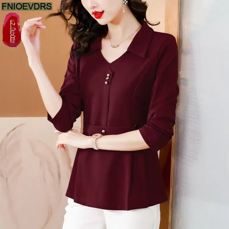 M-5XL New Year Purple Red Tops Elegant Office Lady Work Basic Shirt Retro Belly Black Tunic Peplum Top Blouses