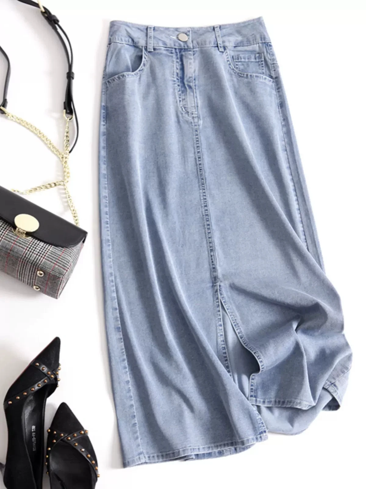 

Женская летняя тонкая повседневная джинсовая юбка больших размеров с завышенной талией, А-силуэт, миди, в корейском стиле, однотонная, для офиса