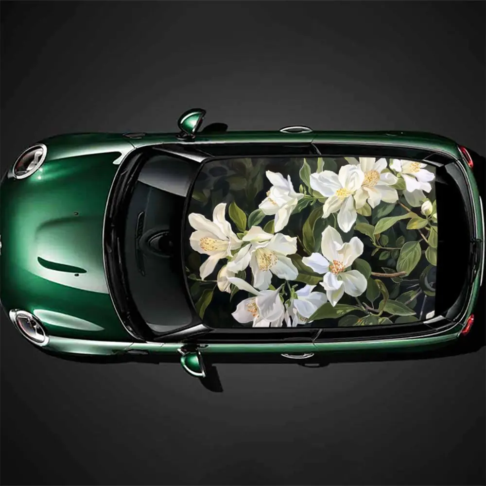 Beauty White Flower Car Roof Sticker Wrap Racing SUV Auto Accessories Packaging PVC Car Hood Graphic Decal Decoration