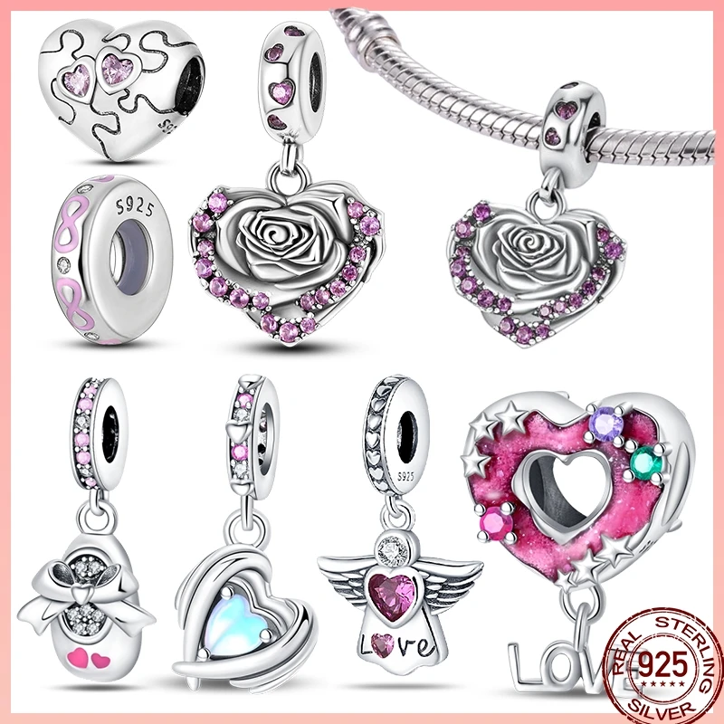 

100% 925 Sterling Silver Love Rose Heart-Shaped Series Beads Charm Suitable For Pandora Original Bracelet Gift Birthday