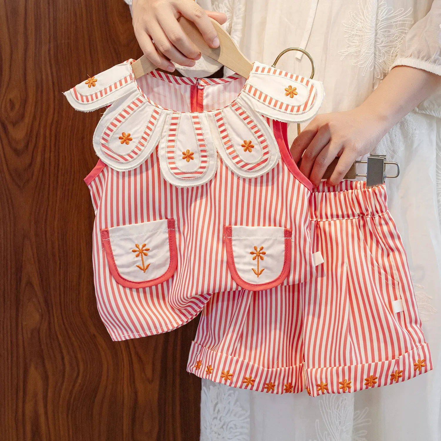 Girls' Striped Shorts Set 2026 Summer New Collection Children's Baby Girl Floral Embroidered Vest Petal Collar Doll Shirt