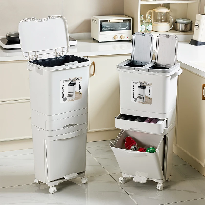 

Kitchen trash can household with lid large capacity double pedal food waste dry and wet separation classification Japanese style