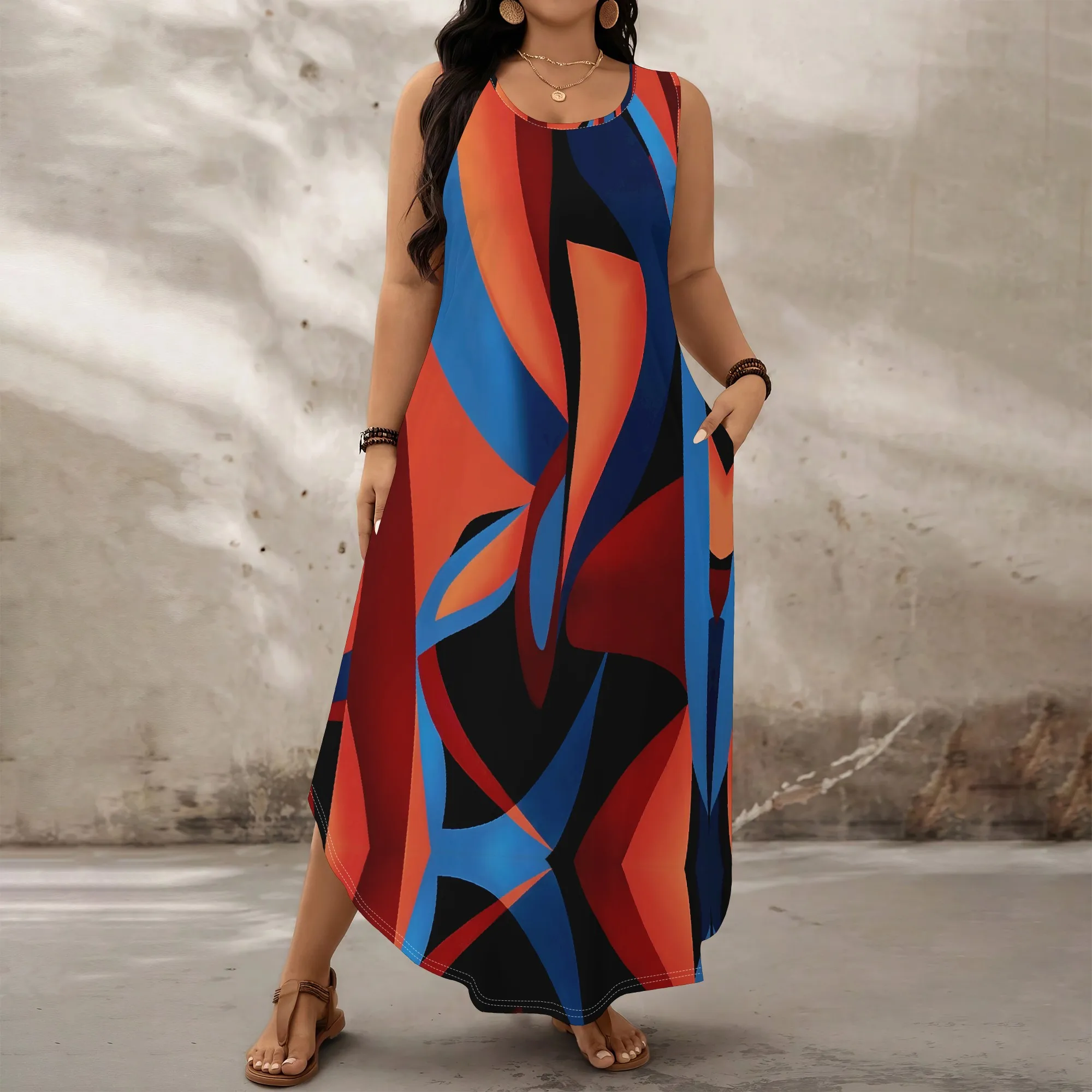 

2025 Women's Plus Size Long Dress XL-6XL Geometric Abstract Pattern Sleeveless Casual Maxi Dress with Pocket Vacation Wear
