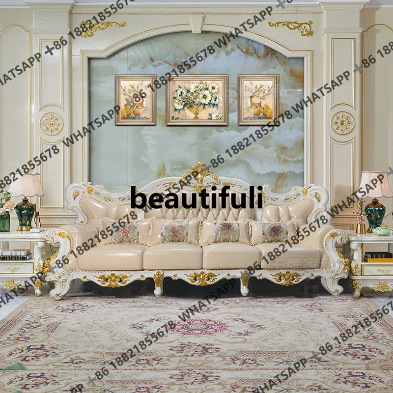 

ZJEuropean leather sofa solid wood carving flower u-shaped high-end luxury large apartment villa furniture