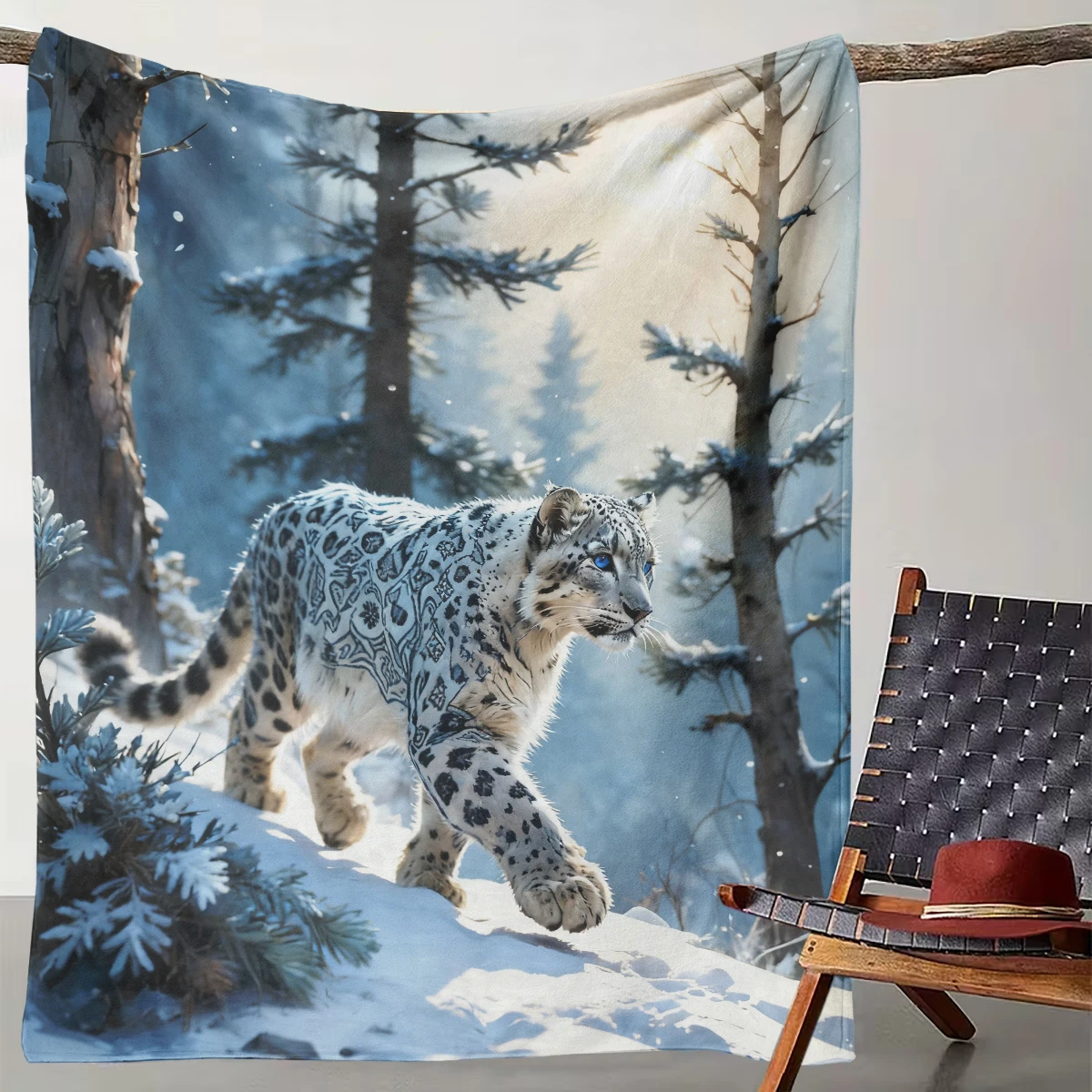 

1 Snow Leopard Dream Forest Throw Blanket - Digital Print Soft and Warm Flannel for Camping, Living Room Office, Chair, and Bed