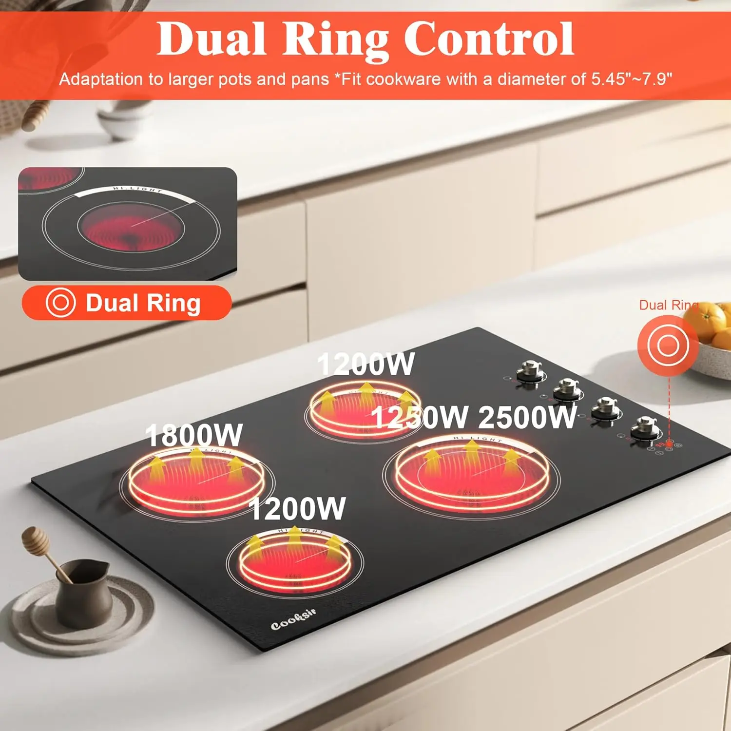 Cooktop - 4 Burner Built-in Glass Ceramic Stove Top 6700W, 240V Electric Cooktop Touch and Knob Control, Child Lock, Dual Ring,