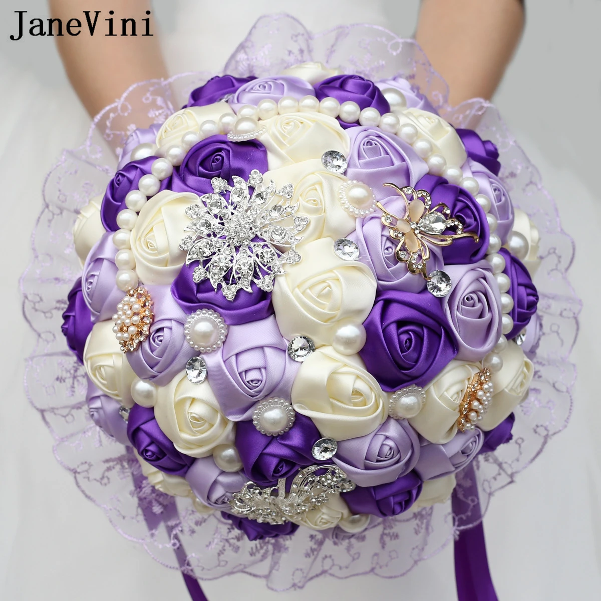 

JaneVini Romantic Artificial Wedding Bouquet for Bride and Groom Bridesmaid Rhinestone Pearls Lace Rose Flower Bridal Bouquets