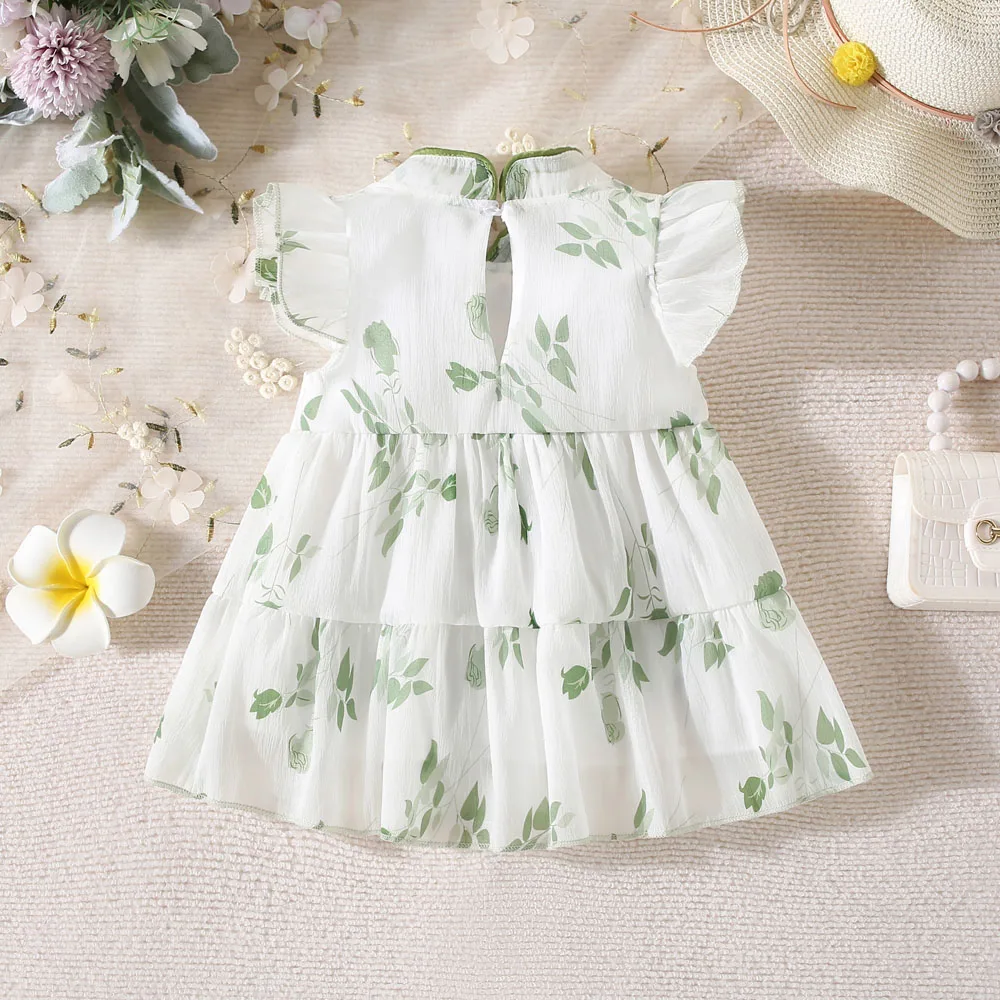 Summer New Girl Baby Dress Hand-painted Green Light and Thin Mesh Flower Small Flying Sleeves Chinese Sweet Princess Dress