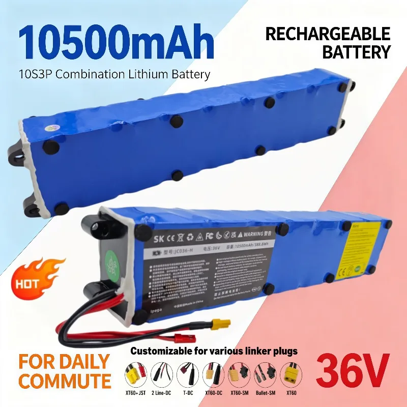 36V 10.5Ah 10S3P Electric Scooter Lithium Battery Pack 10500mAh High Capacity Replacement Cell
