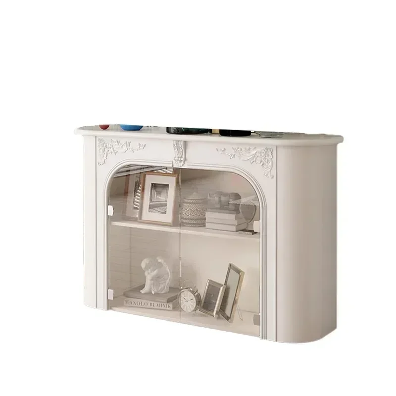 Solid Wood Living Room Cream White Glass Door Entrance Cabinet Carved Sideboard Cabinet